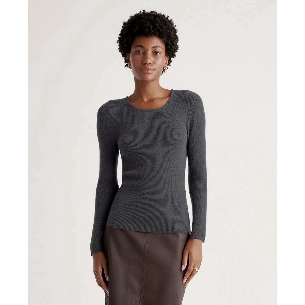 Quince Featherweight Cashmere Ribbed Crewneck Sweater/Charcoal Large - Picture 2 of 13